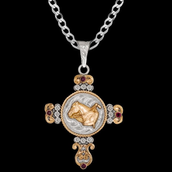 Discover the Esther Cross Pendant Necklace, a unique German Silver cross adorned with floral accents and a custom bronze figure. Pair it with a special discount sterling silver chain today!